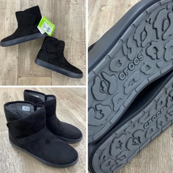 CROCS Lodgepoint black faux suede wrap booties NIB size 5 - Picture 3 of 5